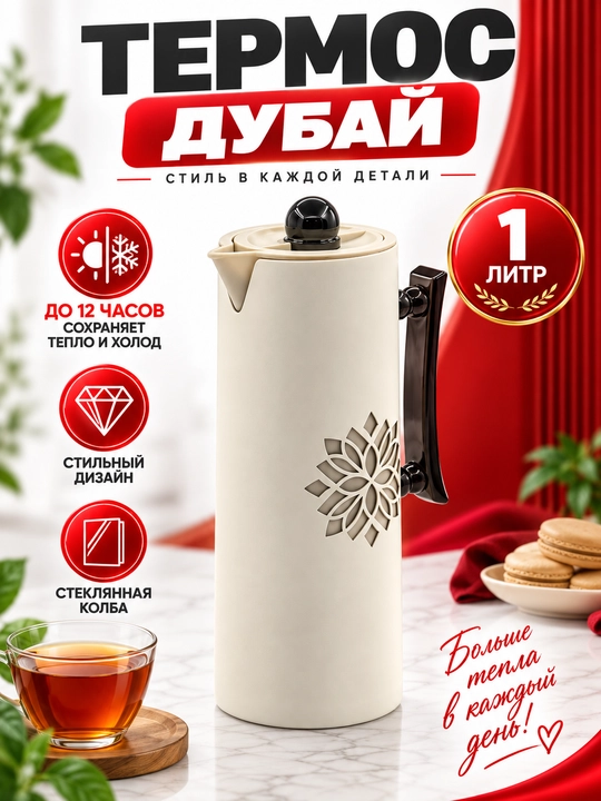 1L Premium Termos choynak, vakuumli issiq-sovuq saqlovchi, shisha ichki qavat - 