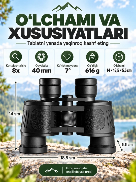 8x40 turistik durbin, markaziy fokusli, tabiat va baliq ovlash uchun