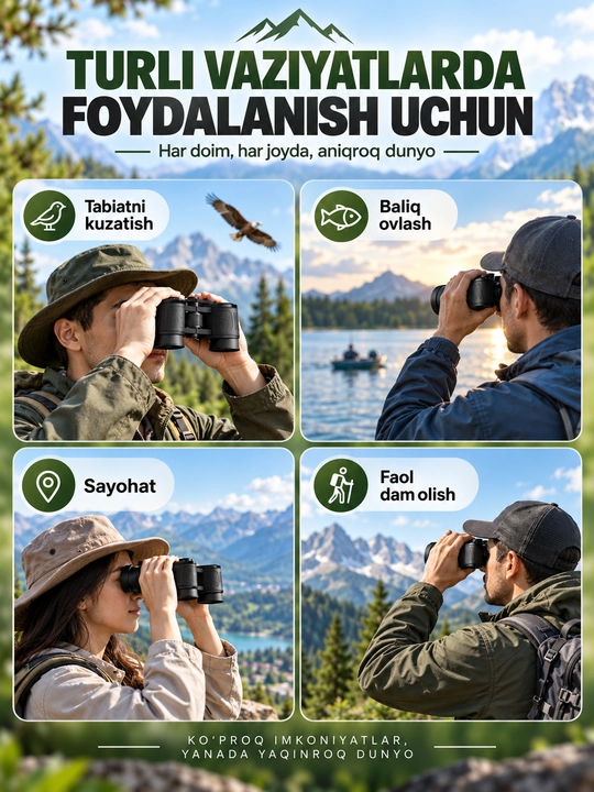 8x40 turistik durbin, markaziy fokusli, tabiat va baliq ovlash uchun