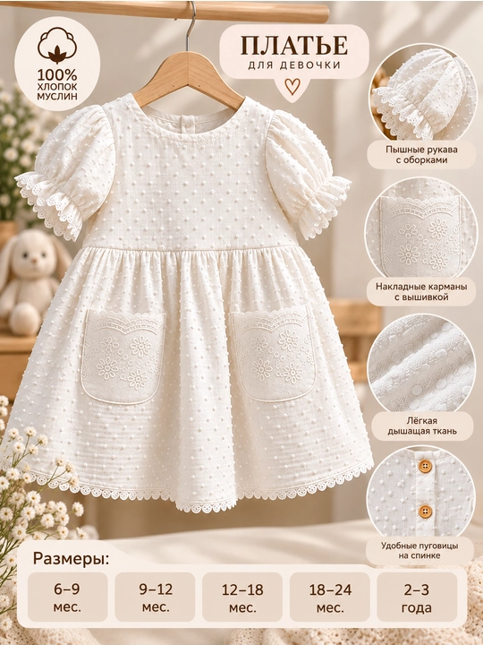 Bezak cho‘ntakli muslin Tiffany Baby ko‘ylagi, oq - 