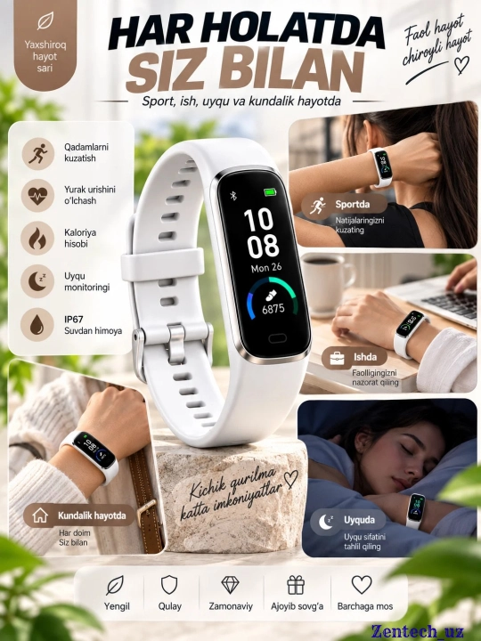 Fitness Tracker fitnes bilaguzugi, qadamlarni hisoblash, yurak urishi, uyqu va kaloriyalarni kuzatish, IP67