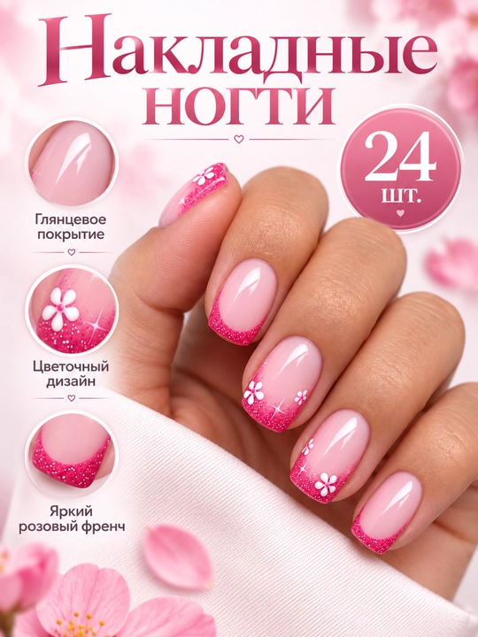 Набор готовых накладных искусственных ногтей с дизайном, 24 типса, клей в комплекте - 