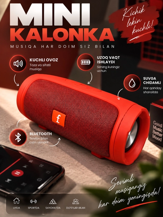 Mini simsiz kolonka Bluetooth, kuchli ovoz, portativ dinamik