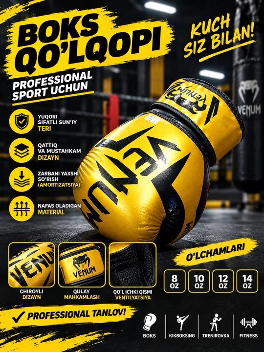 Boks Qo‘lqoplari — Professional Boks, Kikboksing va Trening uchun Sariq-Qora Qo‘lqop - 