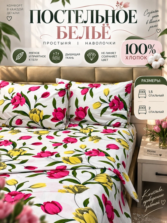 Bir kishilik va ikki kishilik choyshab to‘plami, 100% paxta, poplin, rangini yo‘qotmaydi - 