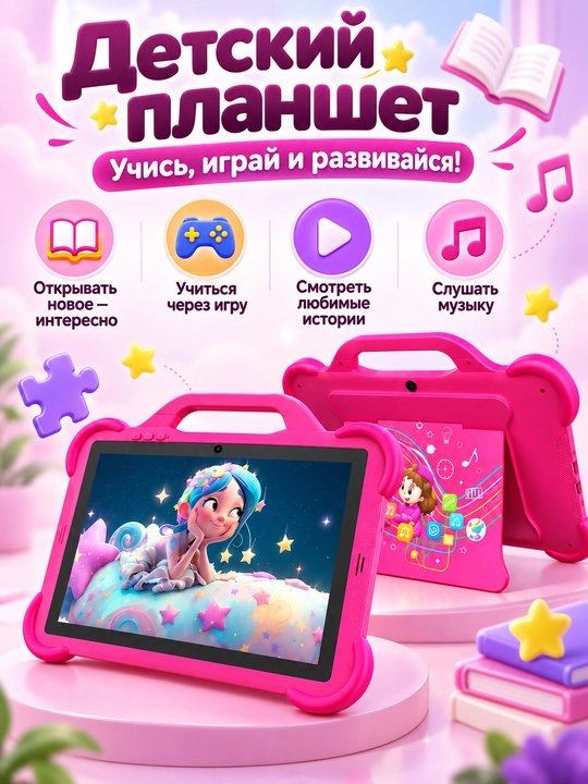 Детский планшет 10 дюймов Android 15, 8/32 ГБ, IPS, родительский контроль, розовый