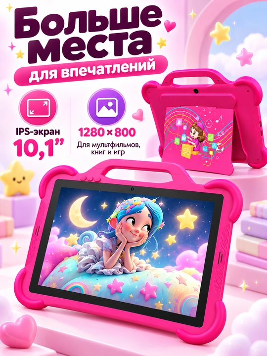 Детский планшет 10 дюймов Android 15, 8/32 ГБ, IPS, родительский контроль, розовый