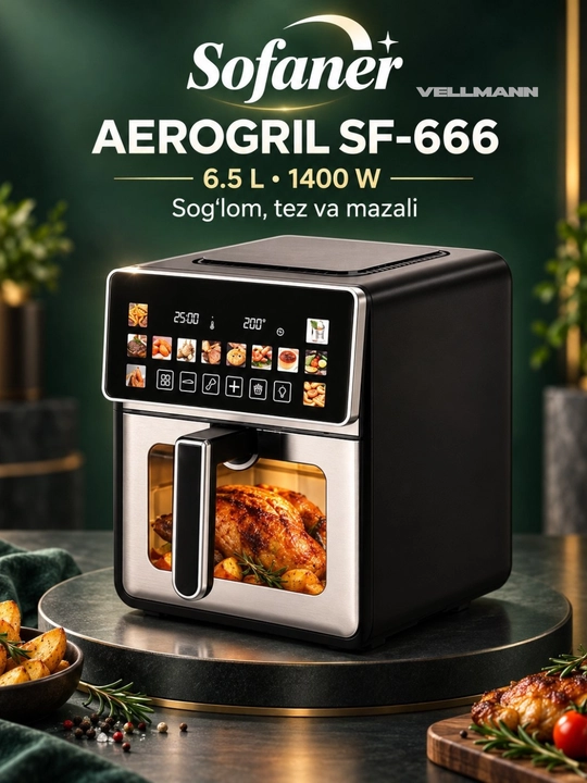 Elektr aerogril, 12 ta 1 ta, yog‘siz pishirish uchun friturnitsa, 6 l, 10 l - 