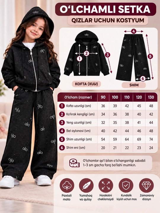 Qizlar kostyumi, bolalar kiyimi, qora huddi, sport kostyum, qizcha kiyim