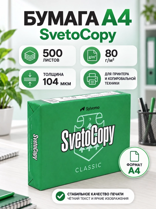 SvetoCopy Classic A4 ofis qog‘ozi, 80 g/m², 500 varaq, qalinligi 104 mkm - 