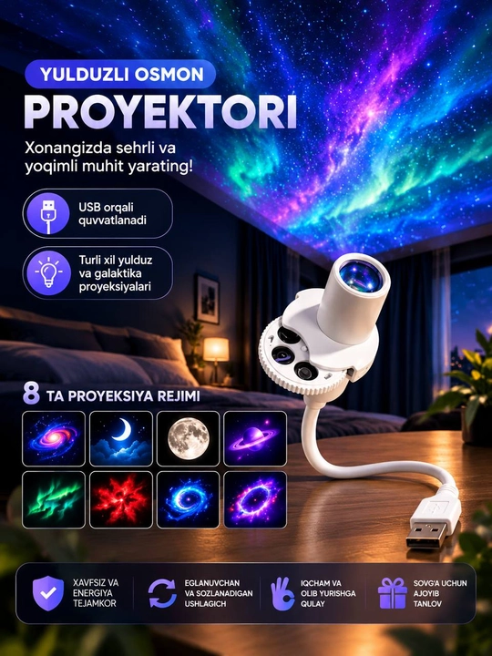Yulduzli osmon proyektori, galaktika proyektori, USB tungi chiroq, shimol yog’dusi - 