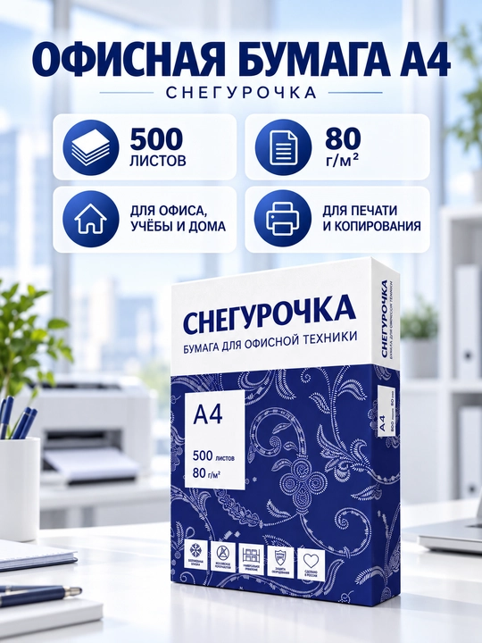 Офисная бумага Снегурочка A4, 80 г-м², 500 листов для принтера и копирования - 