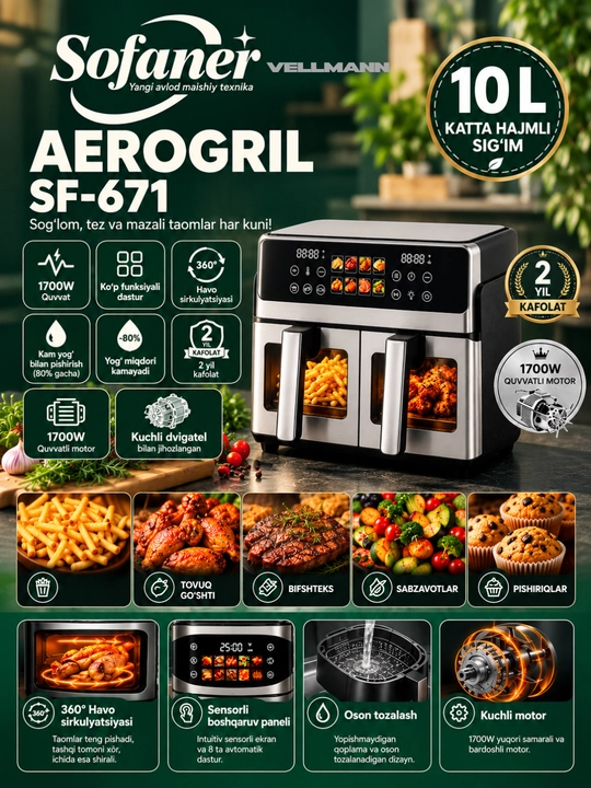 Elektr aerogril, 12 ta 1 ta, yog‘siz pishirish uchun friturnitsa, 6 l, 10 l - 