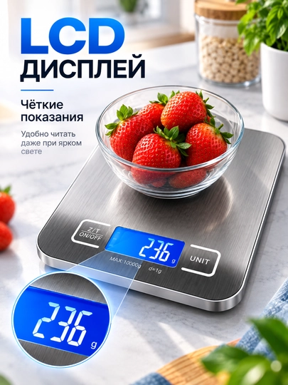 Idishli, ixcham va aniq raqamli oshxona tarozisi (10 kg gacha)