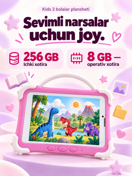 Детский планшет 7 дюймов Kids 2 Android 13, 8/256 ГБ, IPS, 3500 мА·ч, розовый