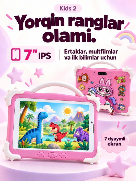 Детский планшет 7 дюймов Kids 2 Android 13, 8/256 ГБ, IPS, 3500 мА·ч, розовый