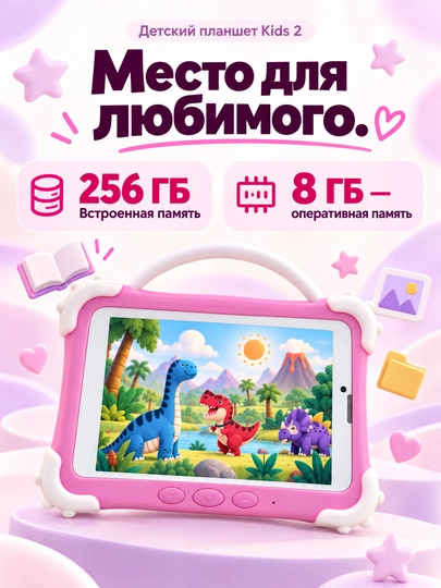Детский планшет 7 дюймов Kids 2 Android 13, 8/256 ГБ, IPS, 3500 мА·ч, розовый