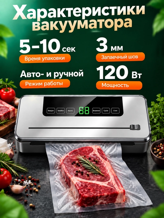Вакуумный упаковщик для продуктов заморозки с пакетами 50 шт с запайкой и резаком мощный