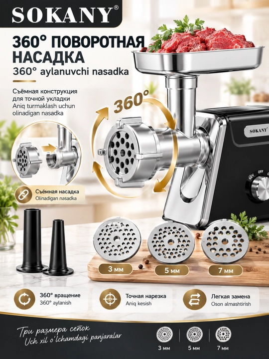 Go'sht maydalagich elektr 6 tasi 1 da, revers funktsiya, po'lat metall, quvvat 2800 Vt