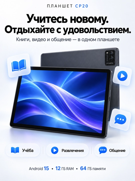 Планшет CP20 10 дюймов Android 15, 12/64 ГБ, AI-камера, стилус в комплекте