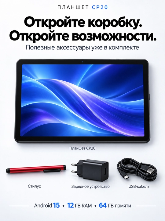Планшет CP20 10 дюймов Android 15, 12/64 ГБ, AI-камера, стилус в комплекте