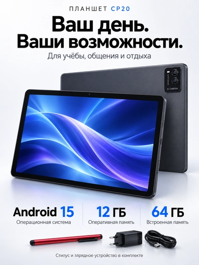 CP20 planshet 10 dyuym Android 15, 12/64 GB, AI kamera, stilus to'plamda - 