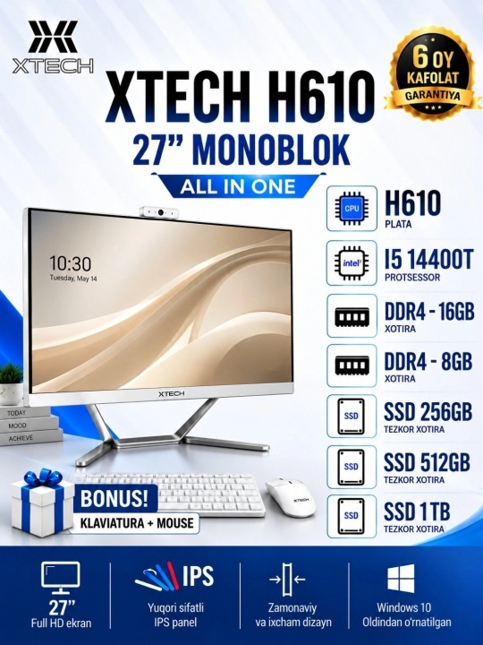 Monoblok XTECH 27" H610.i5-14400T 8/16GB SSD 256/512GB/1TB IPS Windows 10 + Klav/Mish - 