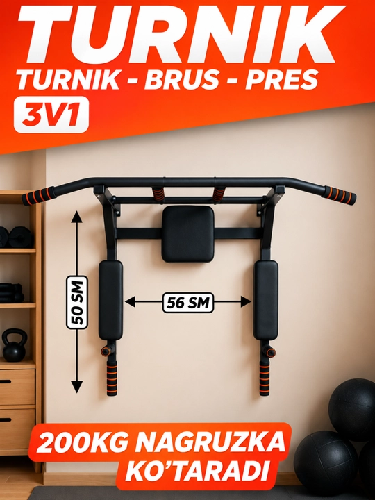 3 tasi 1 da turnik – Brus va press uchun, uy mashg‘ulotlari uchun trenajyor - 