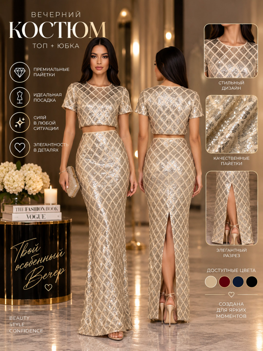 Payetkali kostyum: crop-top va uzun yubka