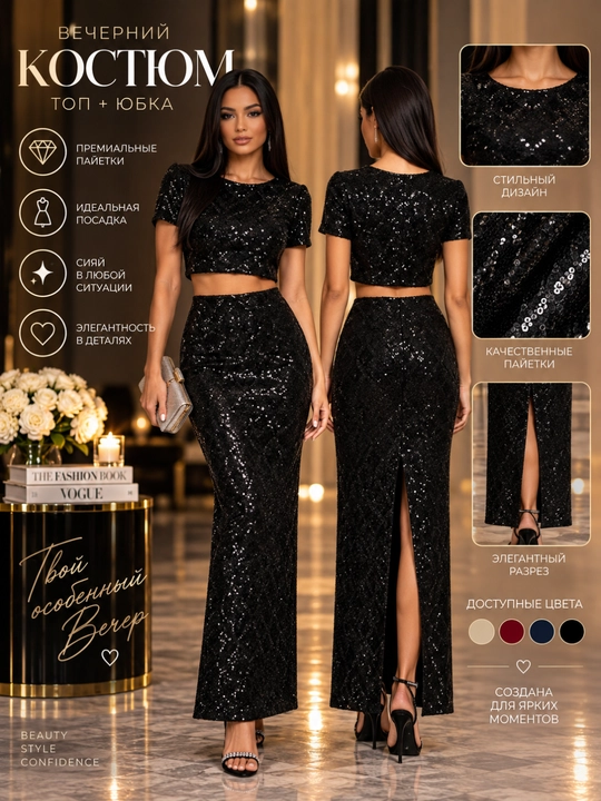 Payetkali kostyum: crop-top va uzun yubka