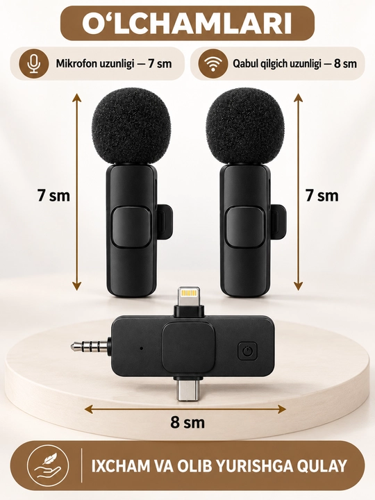 Simsiz petlichka mikrofon, 2 dona, iPHONE (Lightning), Type-C va 3,5 mm ulagichli