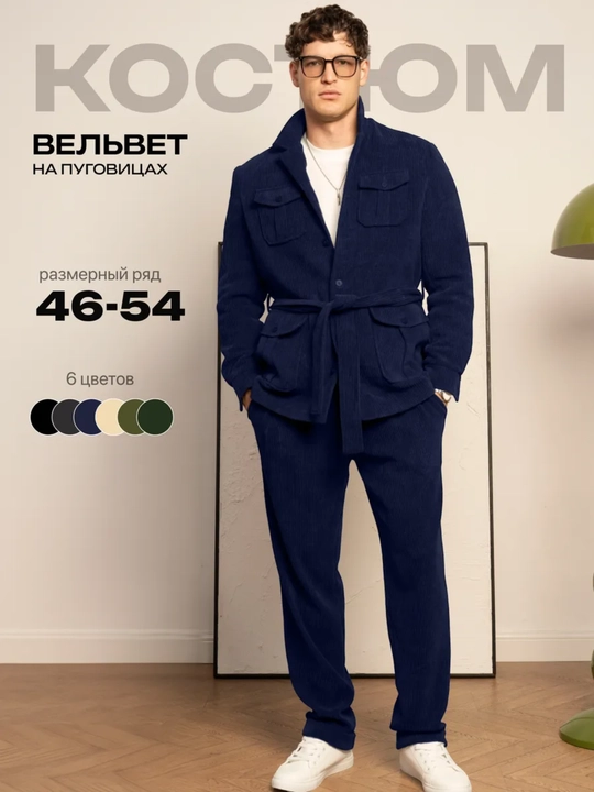Erkaklar uchun kuzgi velvet kostyum dvoyka, pidjak va shim, kuz-qish uchun, komplekt