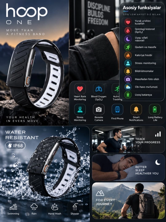 HOOP ONE aqlli fitness brasleti — yurak urishi, uyqu va faollik monitoringi