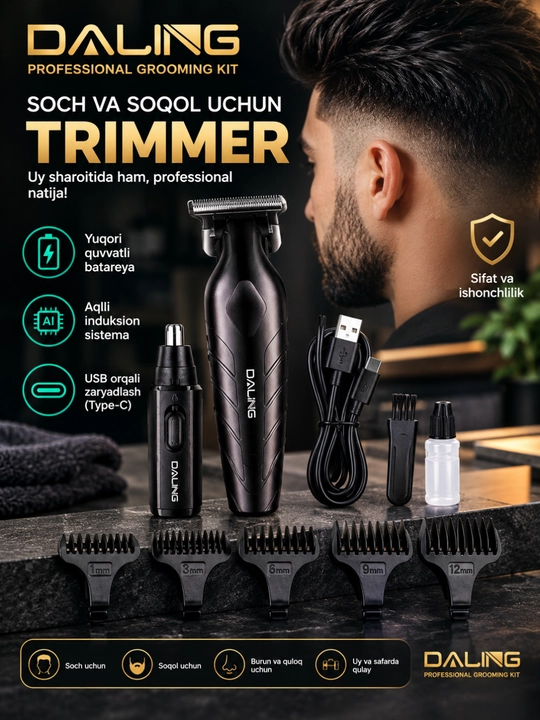 Daling soch va soqol olish uchun trimmer, T-simon pichoqlar, Smart displey, USB zaryadlash - 