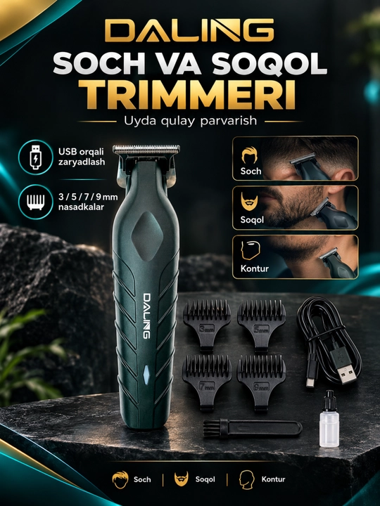 Daling soch va soqol olish uchun trimmer, T-simon pichoqlar, Smart displey, USB zaryadlash - 