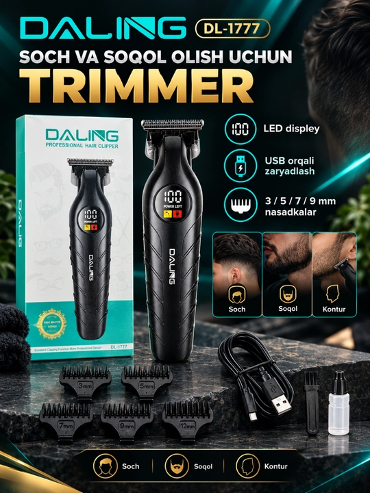 Daling soch va soqol olish uchun trimmer, T-simon pichoqlar, Smart displey, USB zaryadlash - 