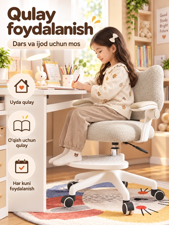 Ergonomik bolalar kompyuter kreslosi,yumshoq  matoli ofis stuli, balandligi sozlanadigan