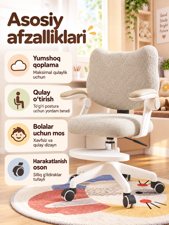 Ergonomik bolalar kompyuter kreslosi,yumshoq  matoli ofis stuli, balandligi sozlanadigan