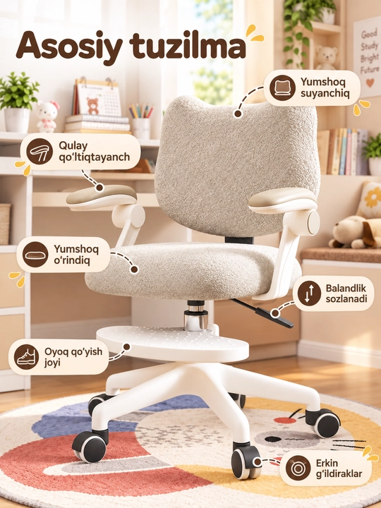 Ergonomik bolalar kompyuter kreslosi,yumshoq  matoli ofis stuli, balandligi sozlanadigan