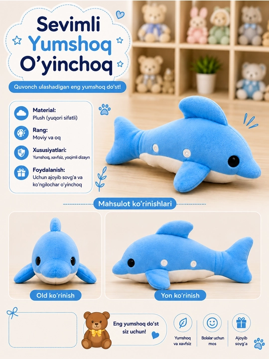 Yumshoq o‘yinchoq baliqcha, bolalar uchun plush baliq, kok, sariq - 