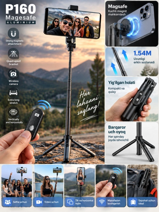 P160 MagSafe 1.54 m alyuminiy selfie tayoqcha-tripod — pultli, magnitli telefon ushlagich