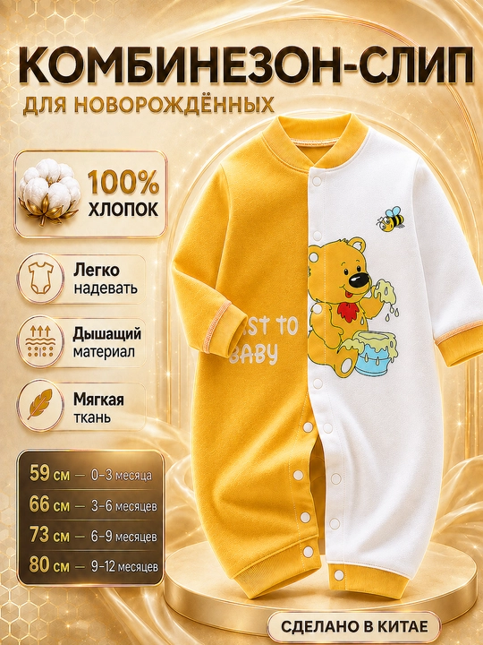 Chaqaloqlar uchun kiyimlar yangi tug'ilganlar uchun, 100% paxtali, yumshoq slip-kombinezon - 