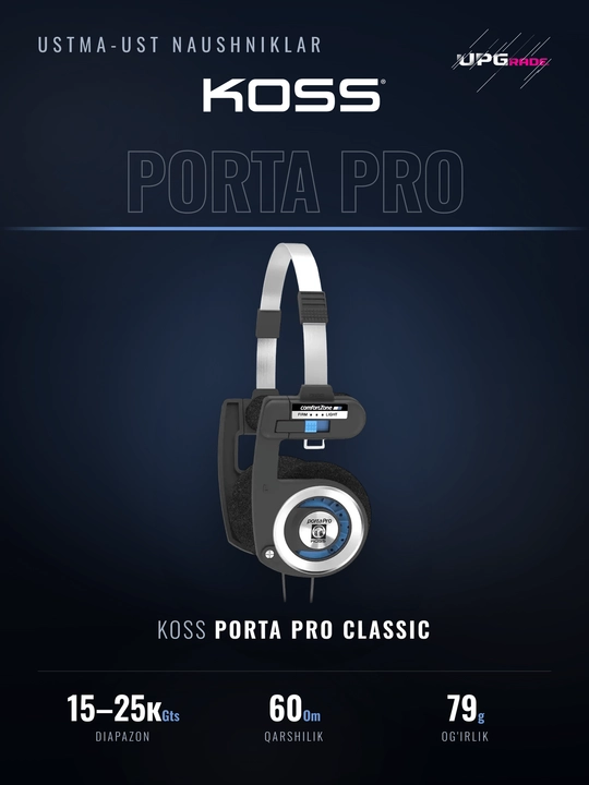 Ustma-ust naushniklar Koss Porta Pro Classic, ochiq, yig'iladigan, qora
