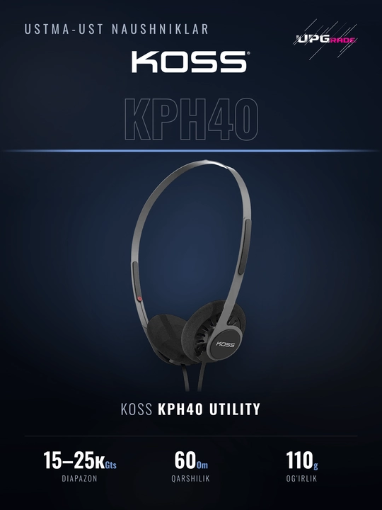 Ustma-ust naushniklar Koss KPH40 Utility, ochiq, yechiladigan kabel, qora