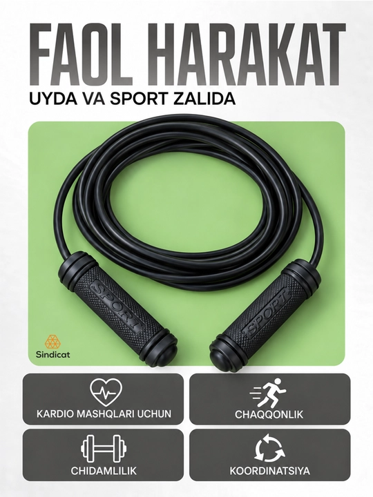 Rezina arqonli va teksturali plastik tutqichli 2,5 metrli sport arqonchasi, sakrog'ich