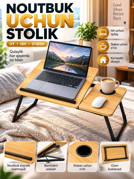 Noutbuk stoli portativ, krovat va divan uchun buklanadigan stolcha