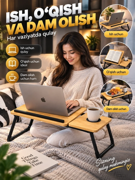Noutbuk stoli portativ, krovat va divan uchun buklanadigan stolcha
