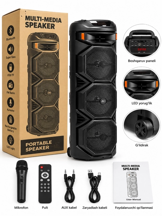 Sing-e ZQS8302 Multi-Media portativ kolonka, 8"×3, mikrofon va pult bilan, 4500 mAh - 