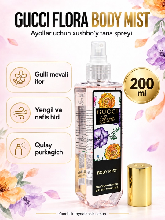 Gucci Flora Body Mist — ayollar uchun xushbo‘y tana spreyi, 200 ml - 