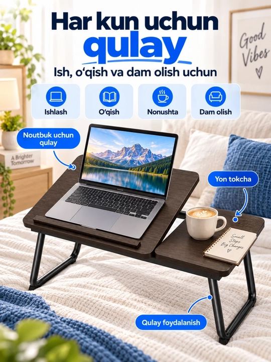 Noutbuk stoli portativ, krovat va divan uchun buklanadigan stolcha